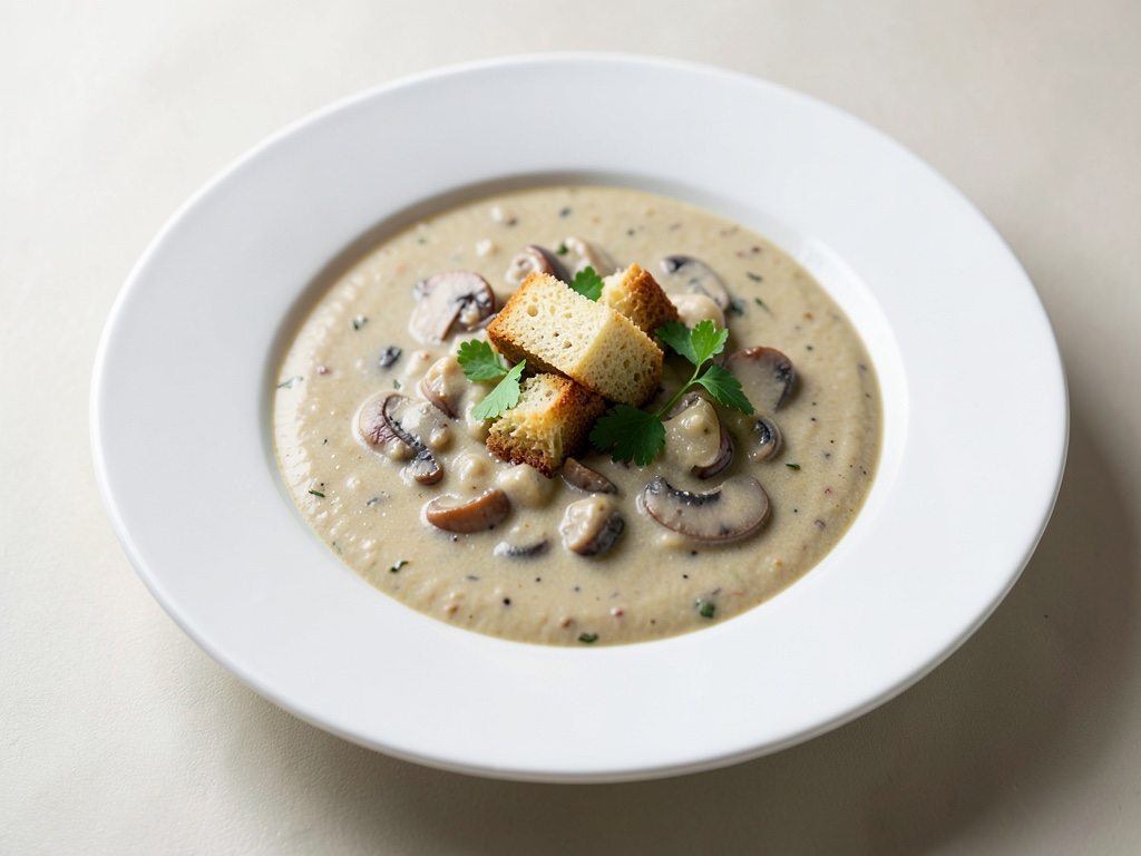 Soupe crémeuse aux champignons avec croûtons croustillants