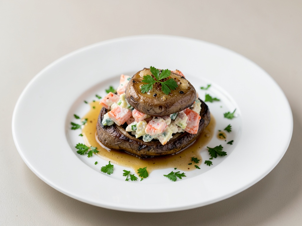 Funghi champignon ripieni con insalata di carne di granchio fresca