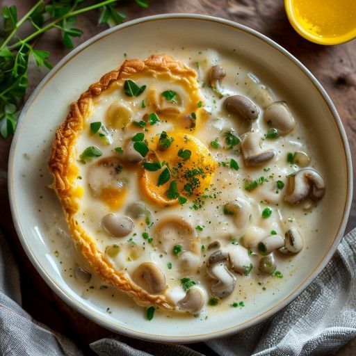 Zuppa cremosa di funghi con coperchio di pasta sfoglia dorata
