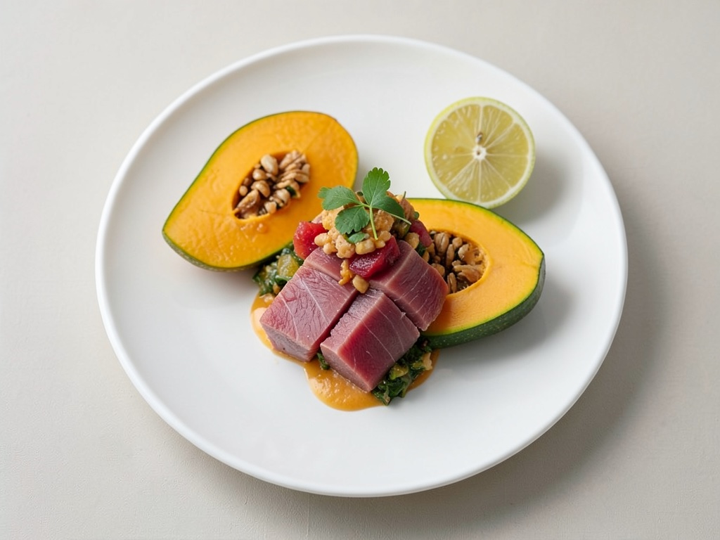 Calabaza crujiente con ceviche fresco de salmón en hojas de endivia