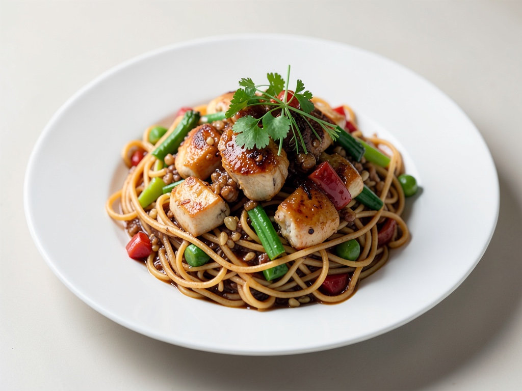 Fettuccine di riso al chili con pollo e verdure