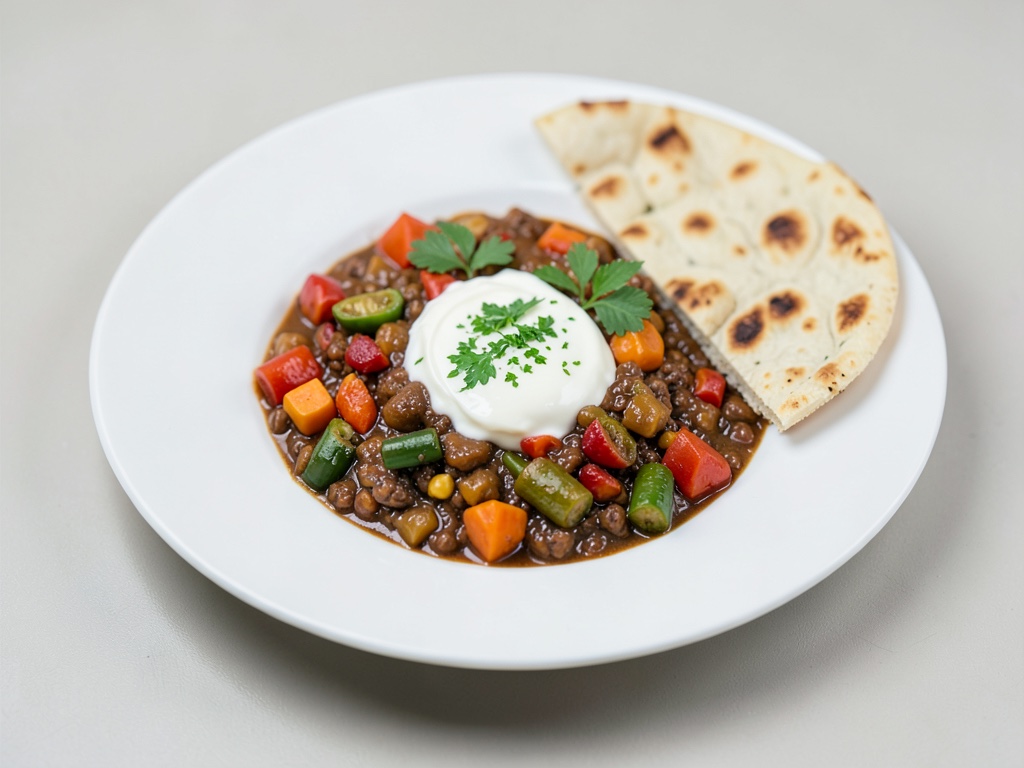 Chili aux légumes avec yaourt et pain plat croustillant