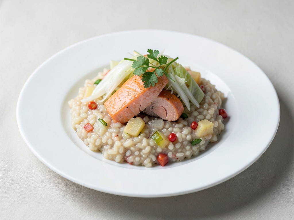 Porridge di cavolo cinese e patate con salmone