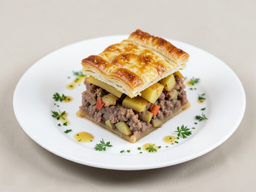 Gratin de pommes de terre et haché au chapeau de pâte feuilletée