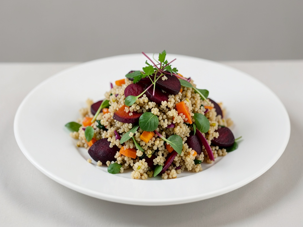 Insalata di couscous e quinoa colorata con barbabietola rossa