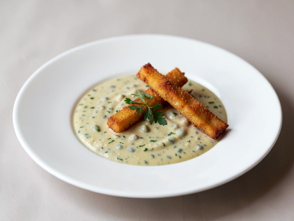 Soupe crémeuse aux pois avec bâtonnets de fromage croustillants