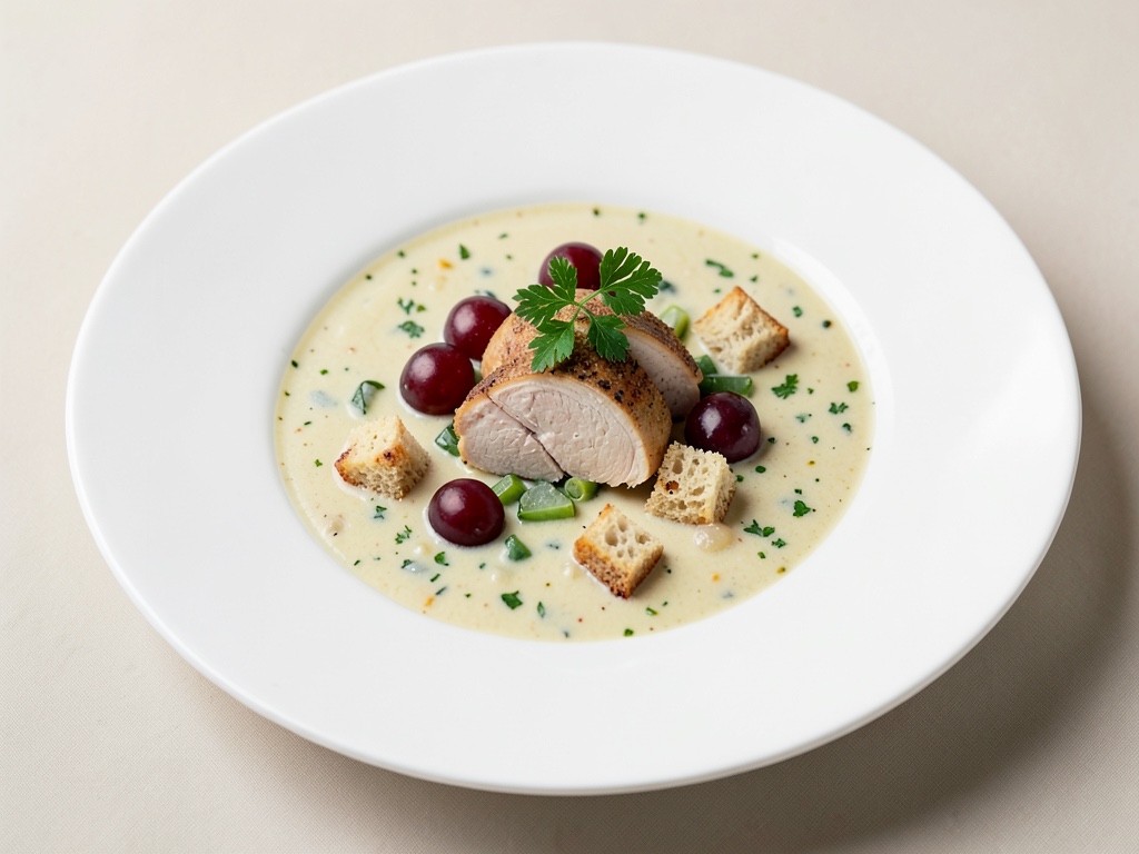 Zuppa cremosa di verdure con petto di fagiano affumicato, uva e crostini