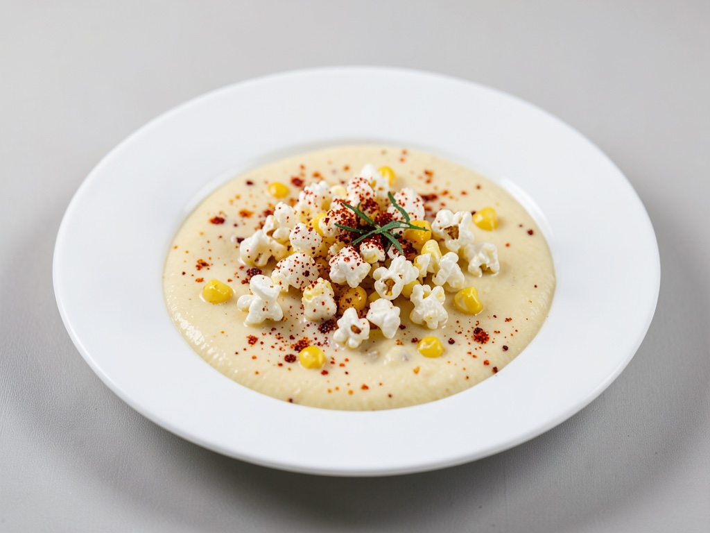 Sopa cremosa de queso y maíz con palomitas picantes