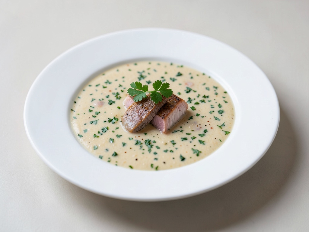 Zuppa cremosa alle erbe con trota affumicata