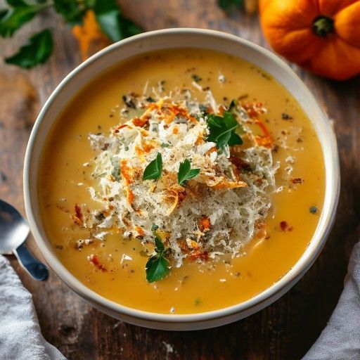 Zuppa cremosa di zucca con stecchini croccanti al parmigiano