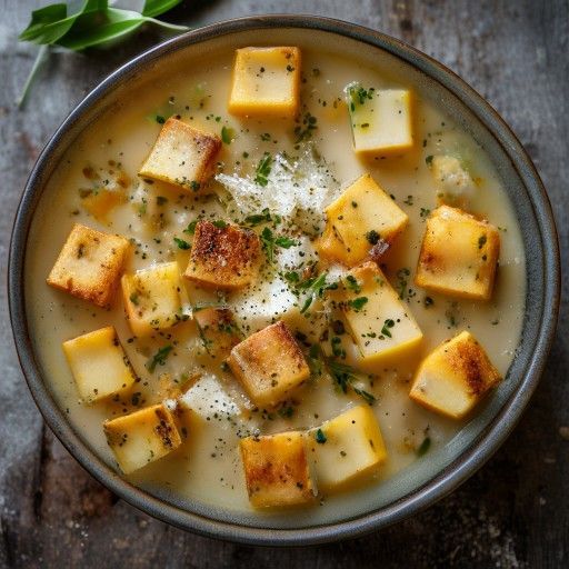 Zuppa cremosa di mais con cubetti di polenta croccanti