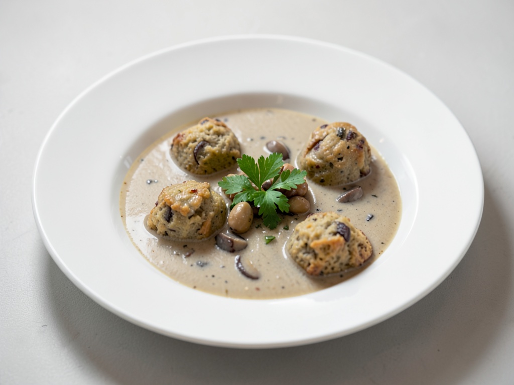 Zuppa cremosa di funghi con gnocchi di pane ai funghi