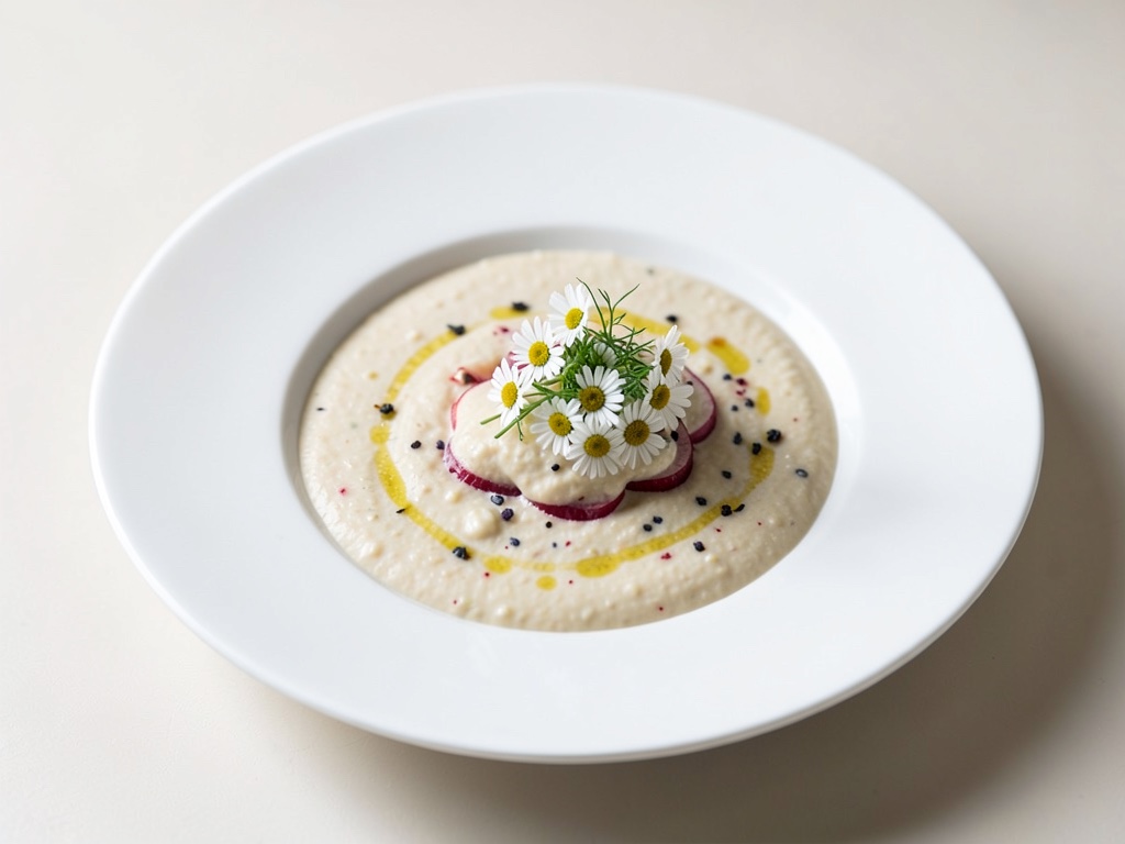 Zuppa cremosa di ravanello con fiori di margherita