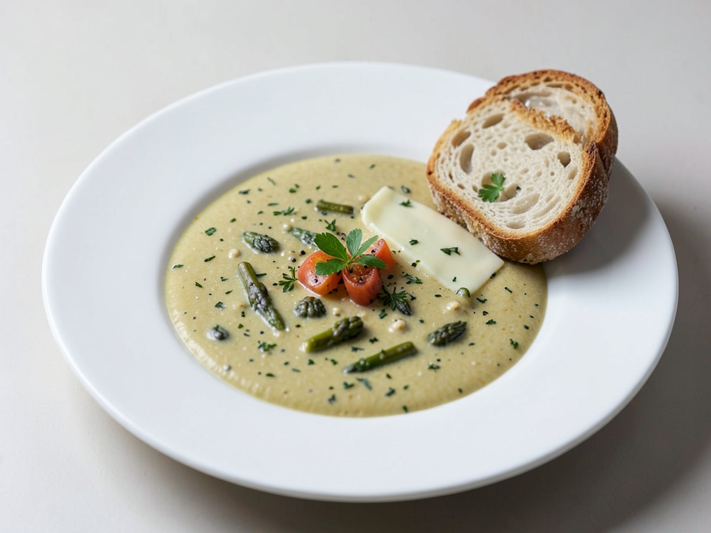 Zuppa cremosa di asparagi con baguette al formaggio