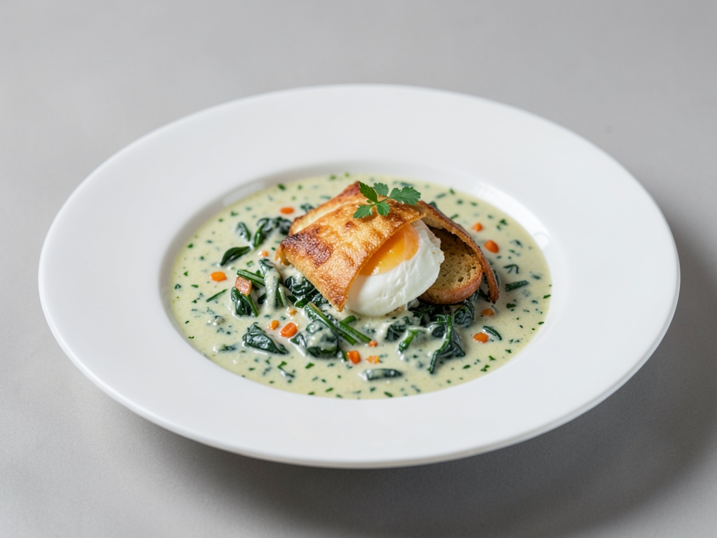 Crème de soupe d'épinards avec œuf au four