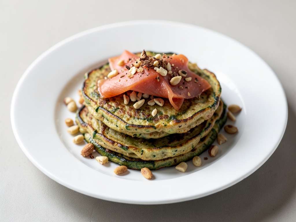 Crêpes de courgettes au saumon fumé et pignons de pin grillés
