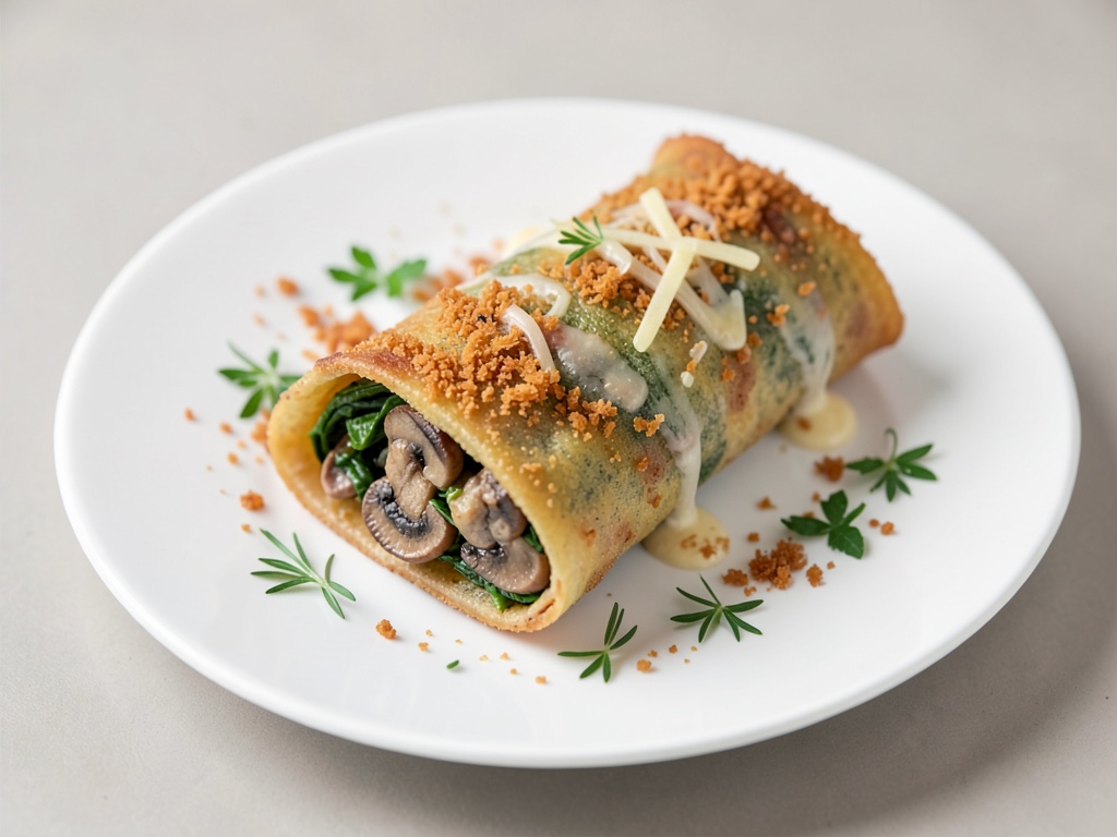 Crêpes à la levure aux champignons, épinards et croûte de fromage