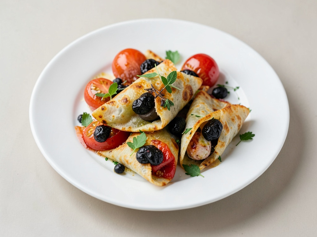 Pequeñas bolsas de crepes con espárragos blancos y tomates