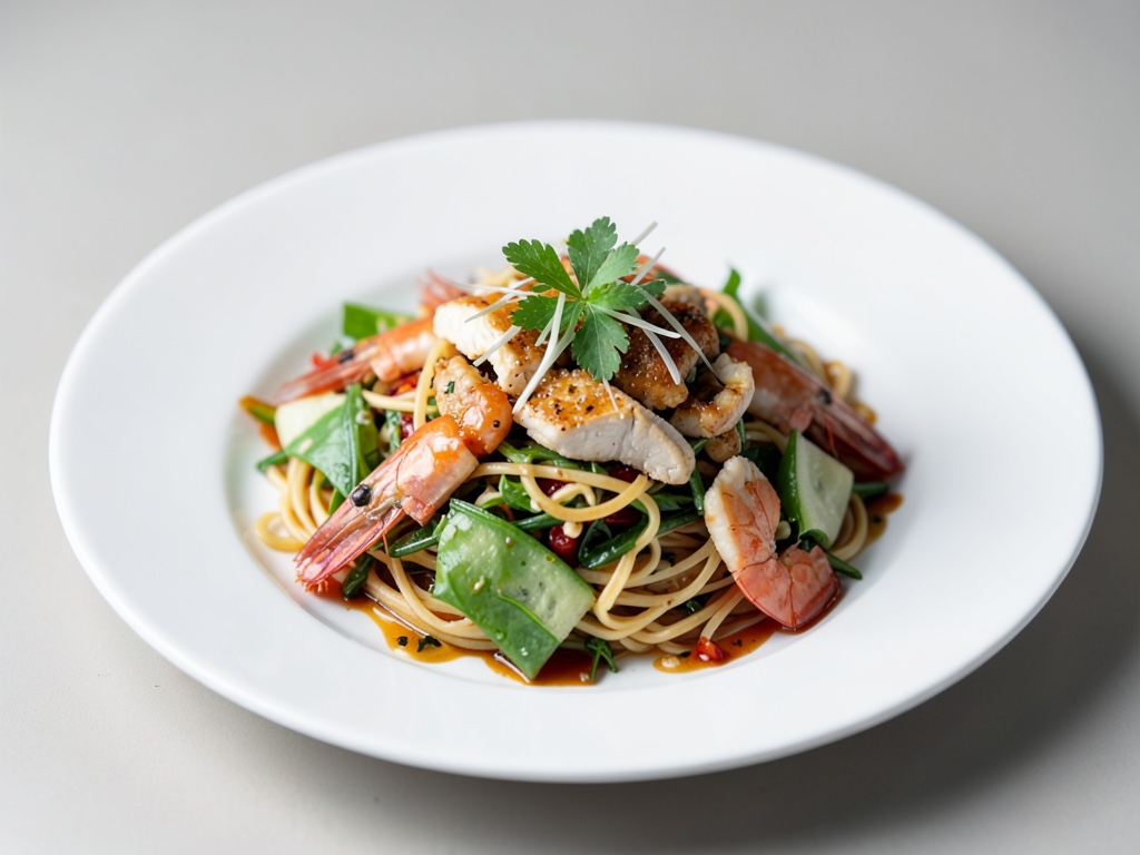 Insalata di noodles asiatica con pollo e gamberi