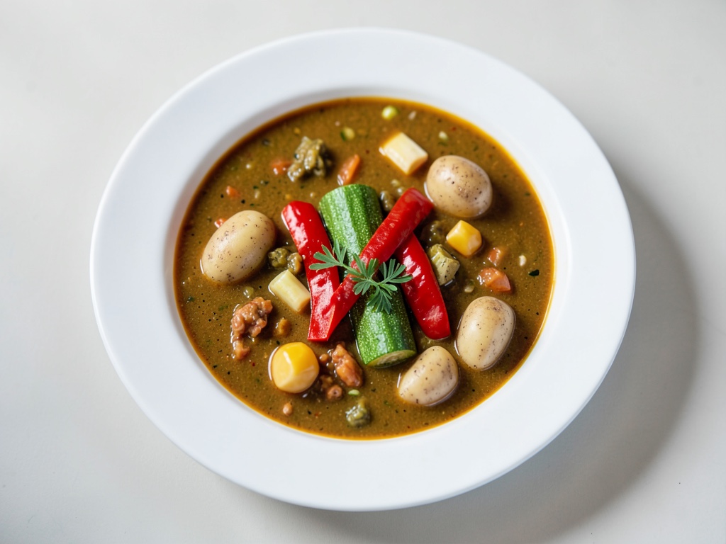 Zuppa cremosa di verdure al curry con frutti di mare