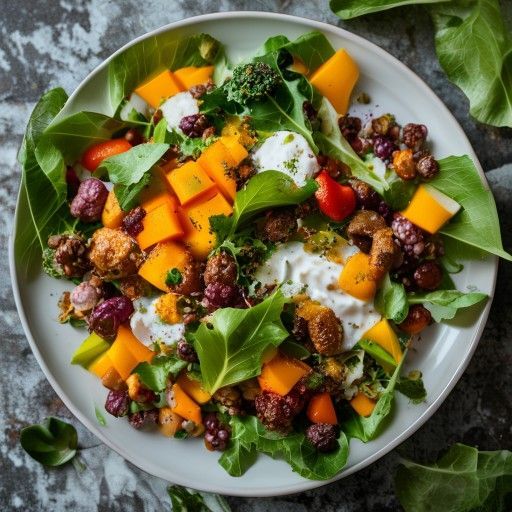Pollo al curry su insalata a foglia