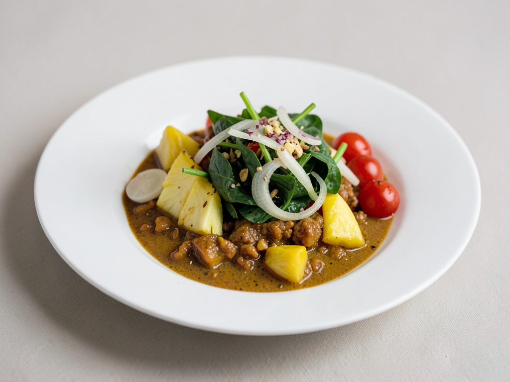 Curry tropicale con ananas, spinaci, cipolle e pomodori