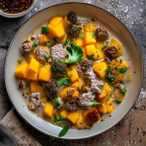 Curry cremoso di carne macinata di manzo, mango e verdure miste