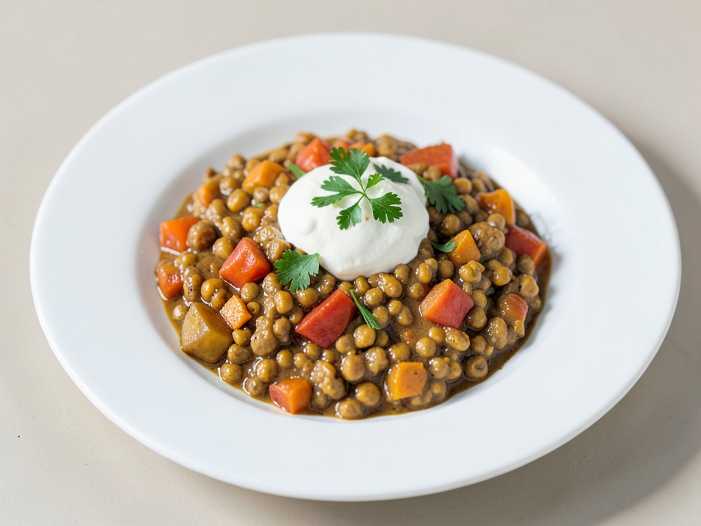 Curry cremoso di zucca e lenticchie con topping allo yogurt