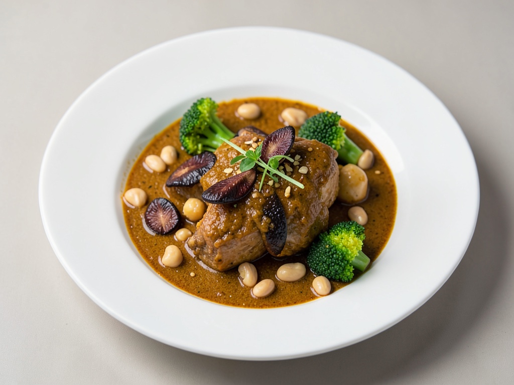 Curry di pollo con shiitake, broccoli e arachidi