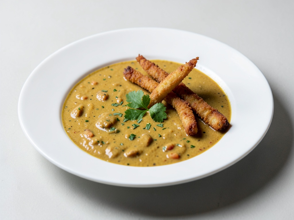 Cremige Curry-Suppe mit knusprigen Fischstreifen