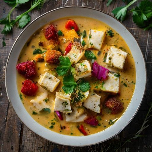 Crémeuse soupe au curry avec tofu croustillant et légumes colorés