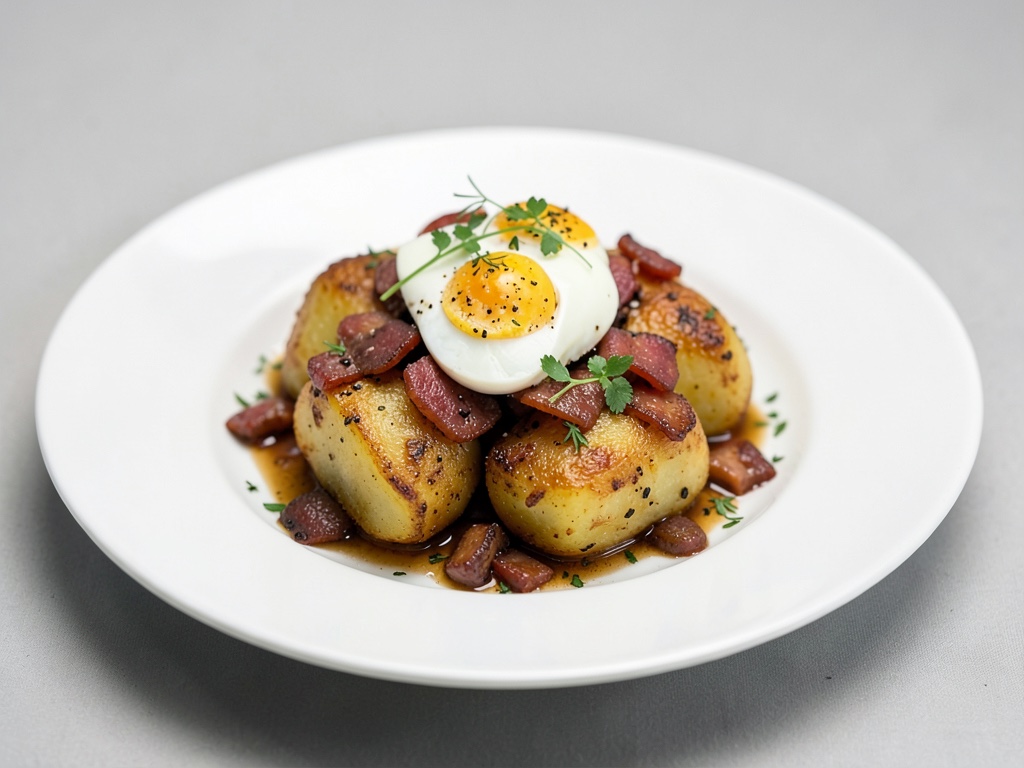 Patate saltate saporite con chorizo e uova di quaglia