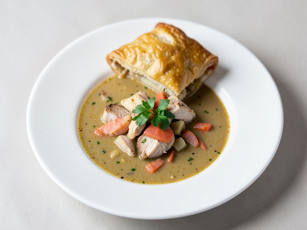 Sopa de pollo y salmón con tapa de hojaldre
