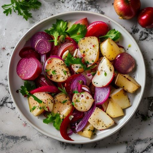 Insalata di Matjes con barbabietola rossa, cipolle, patate e mela