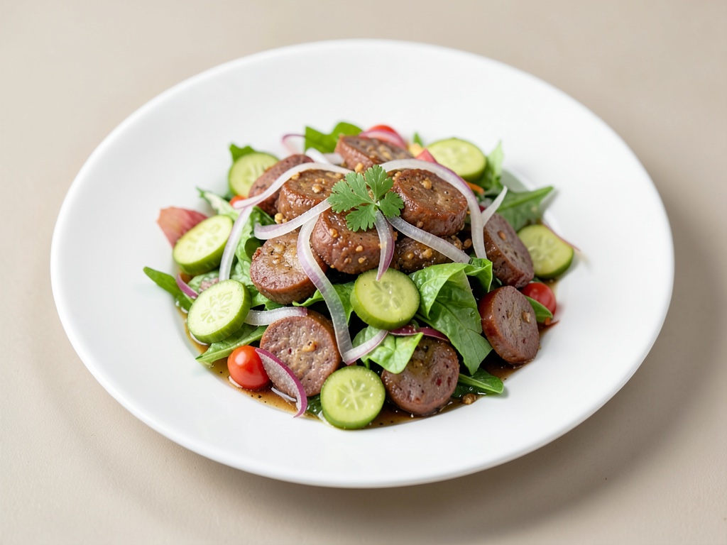 Insalata di salsiccia robusta con cetrioli acidi e cipolle