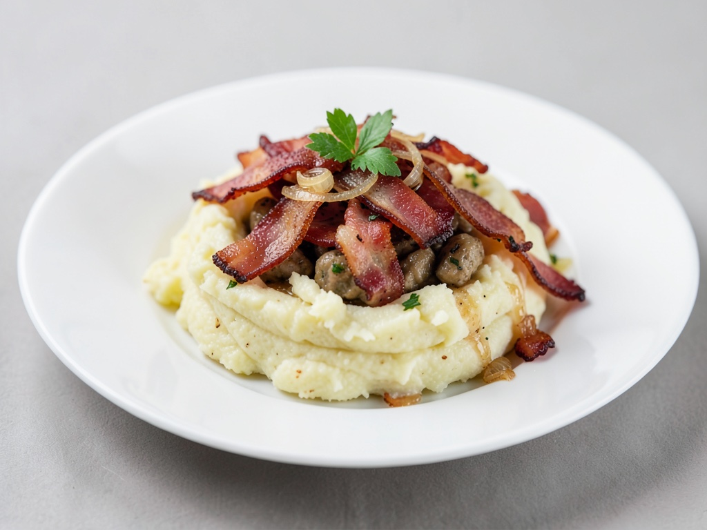 Purè di patate salato con pancetta croccante e cipolle