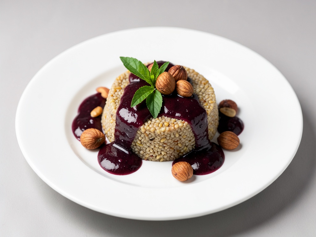 Dinkel-Grieß-Pudding mit Holunder-Sirup und gerösteten Haselnüssen