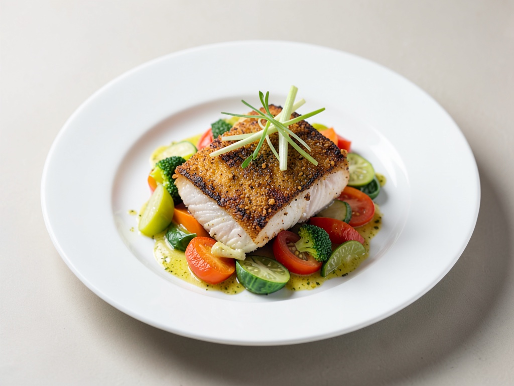 Pesce spada croccante con verdure miste e salsa al citronella