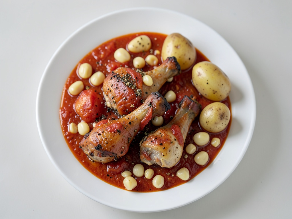 Cosce di pollo croccanti con verdure di pomodori e fagioli
