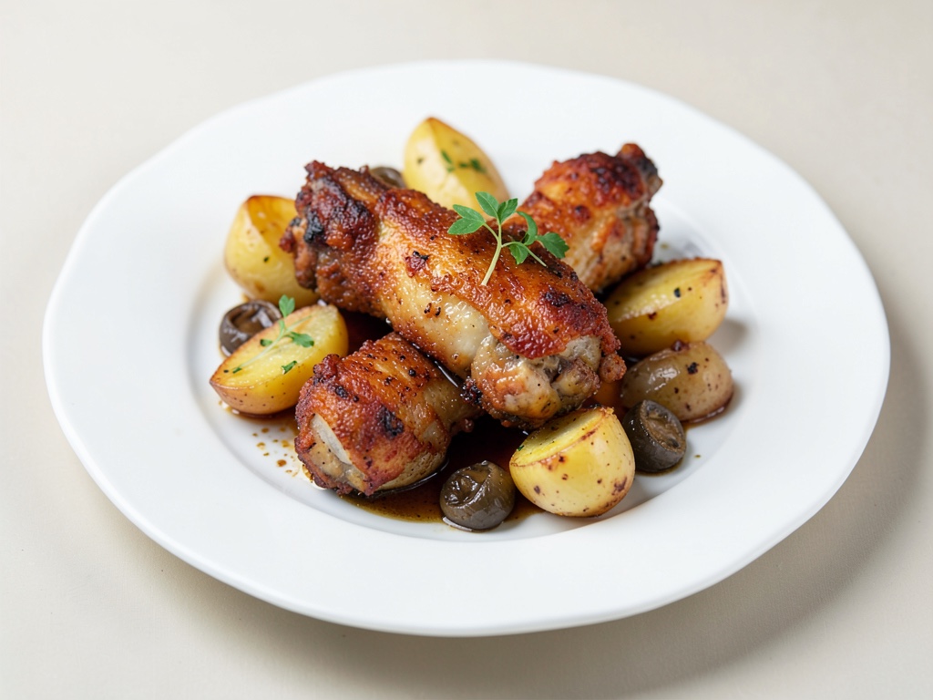 Cosce di pollo croccanti con patate al forno e chanterelles