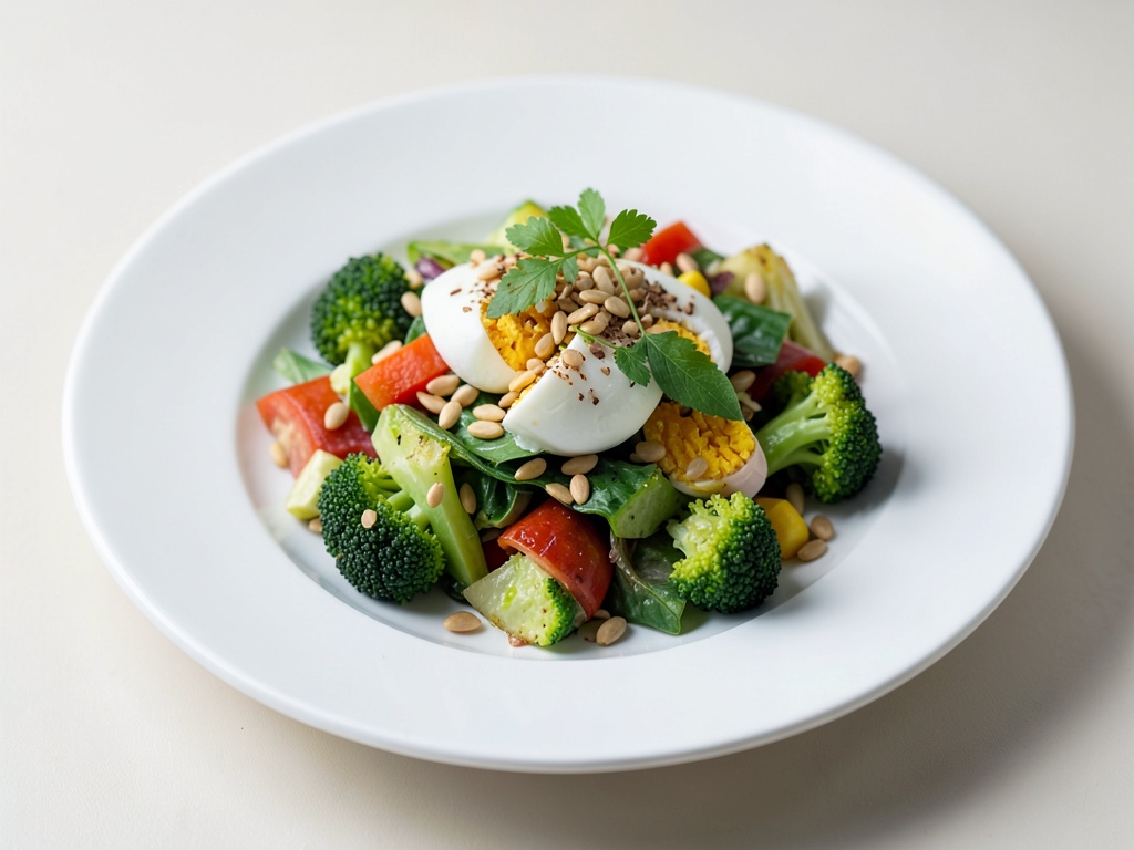 Insalata colorata con uova, broccoli e pinoli