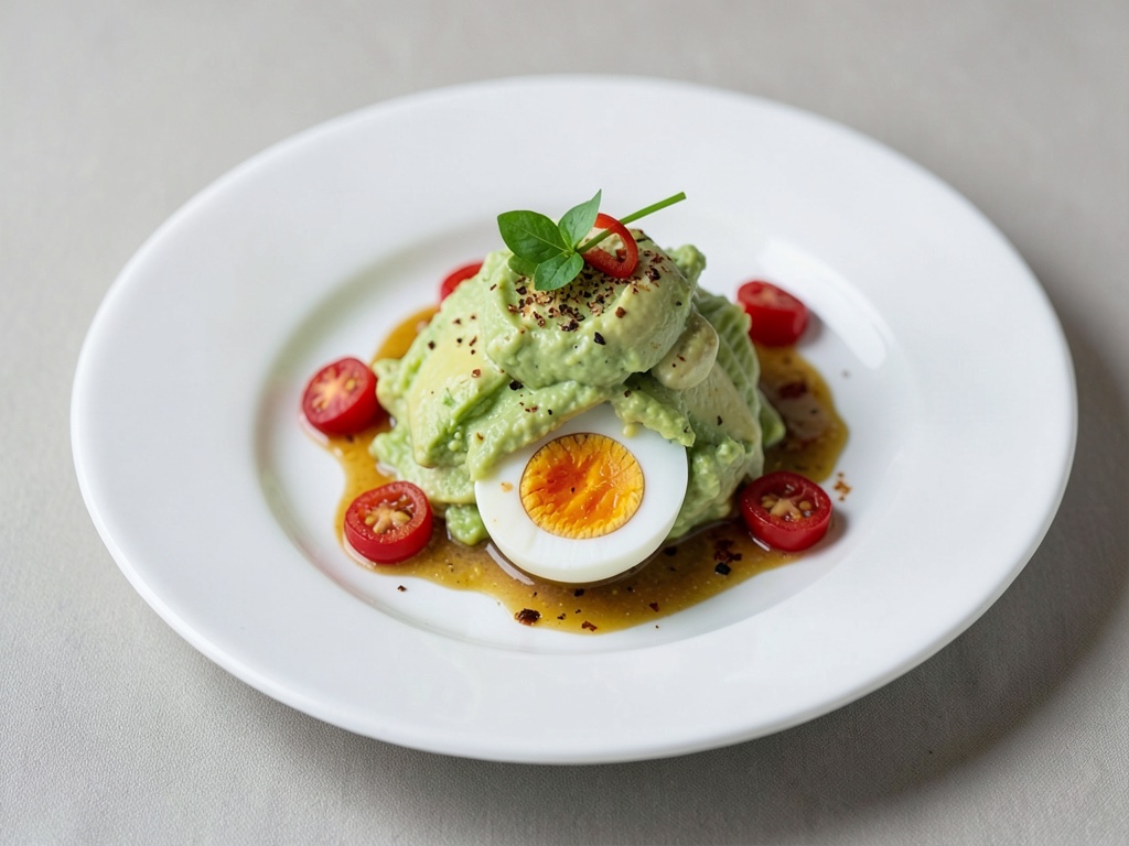 Huevos duros con crema de aguacate y pimienta roja