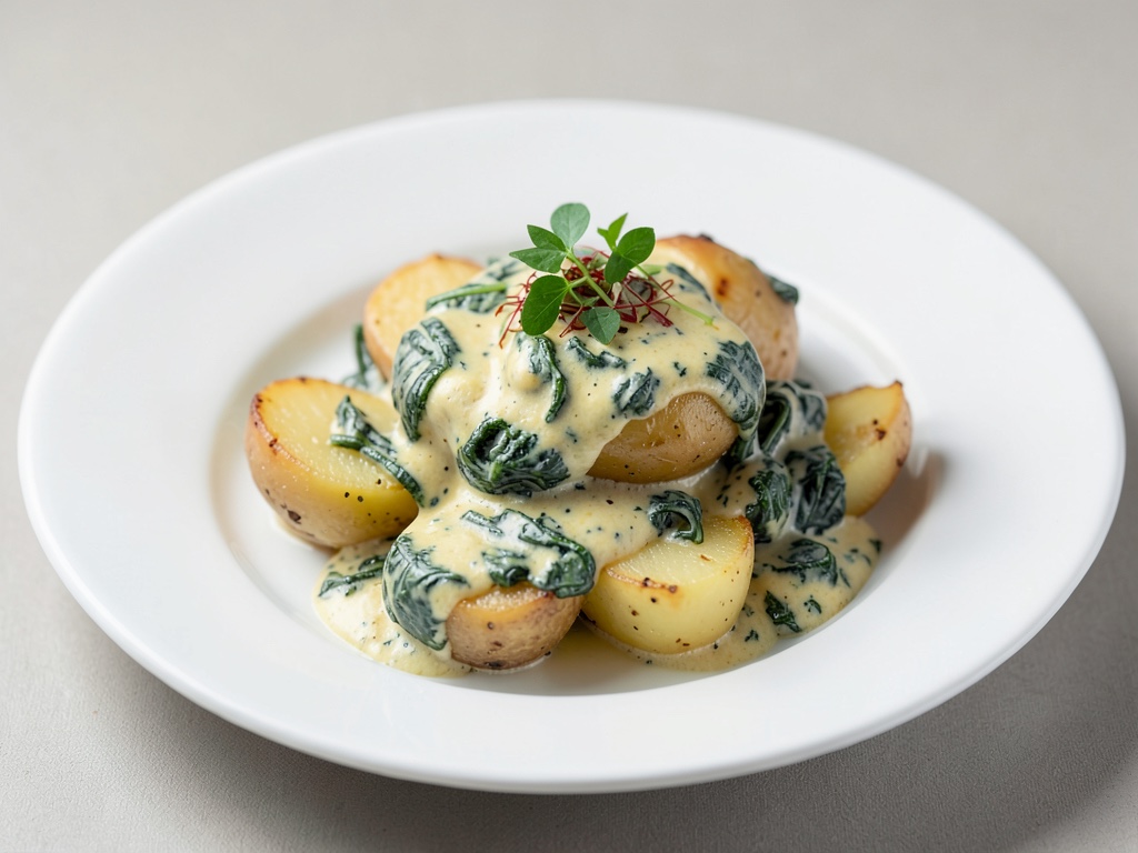 Patate con salsa cremosa di spinaci e uova