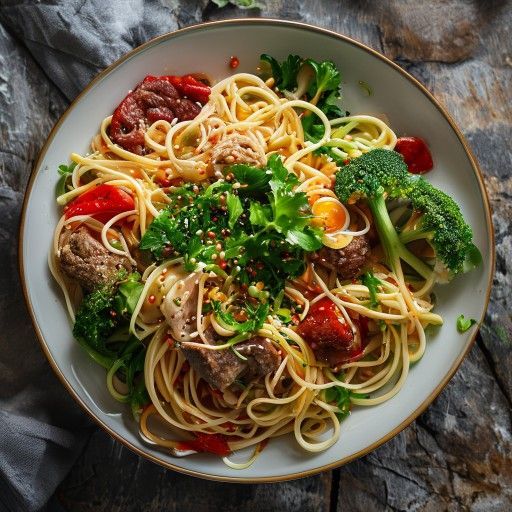 Noodles cinesi alle uova con verdure colorate