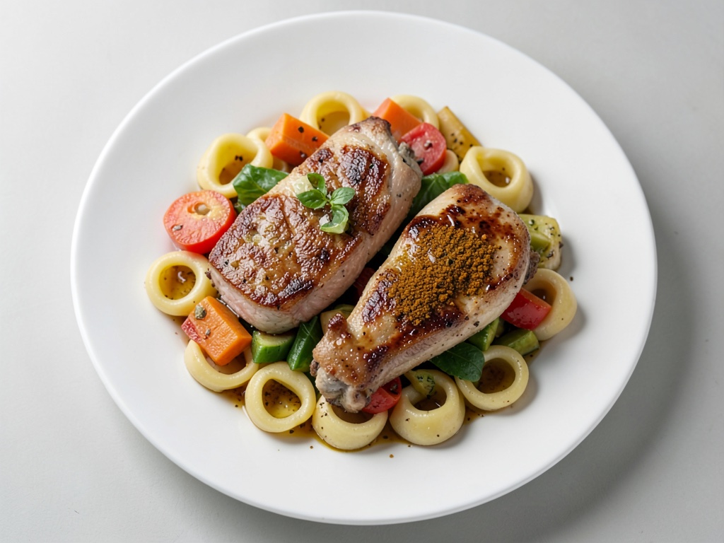 Pollo con pasta e verdure colorate