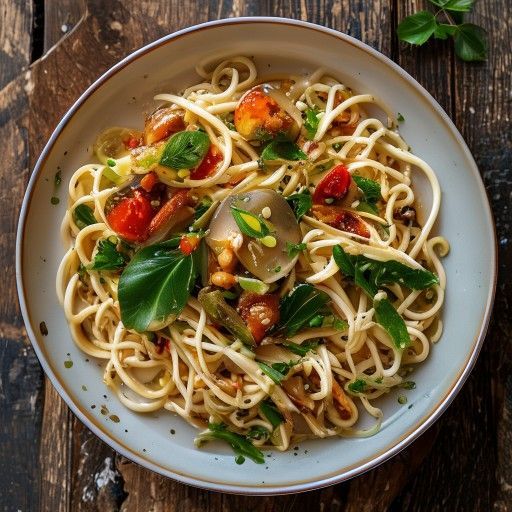 Noodles di uovo vietnamiti con pollo e verdure