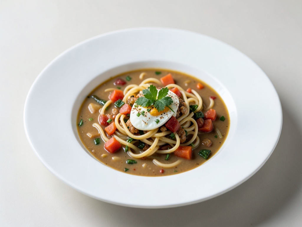 Zuppa di noodles salata con verdure colorate e uovo