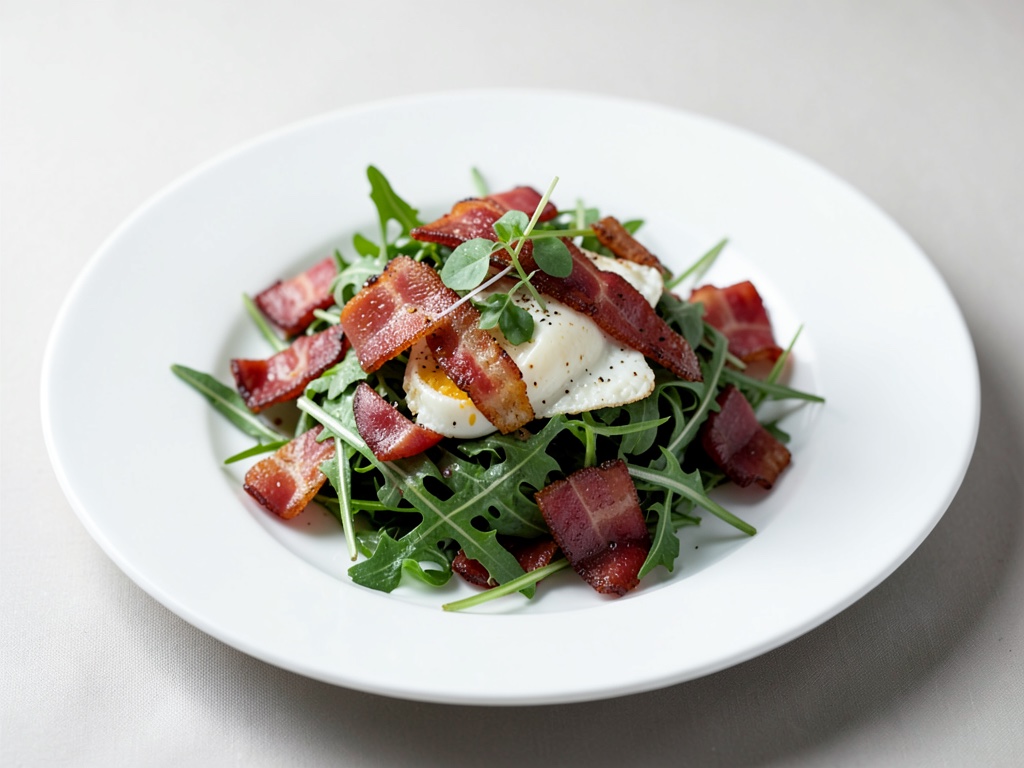 Ensalada crujiente de bacon, huevo y rúcula