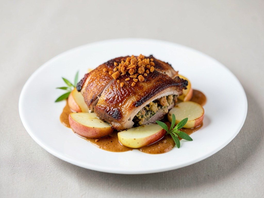Rôti de canard croustillant à la farce pomme-cannelle