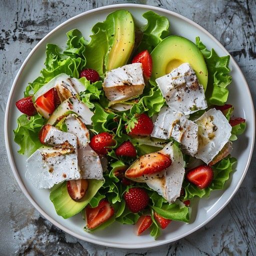 Insalata fresca di iceberg con pollo alla griglia, fragole e avocado